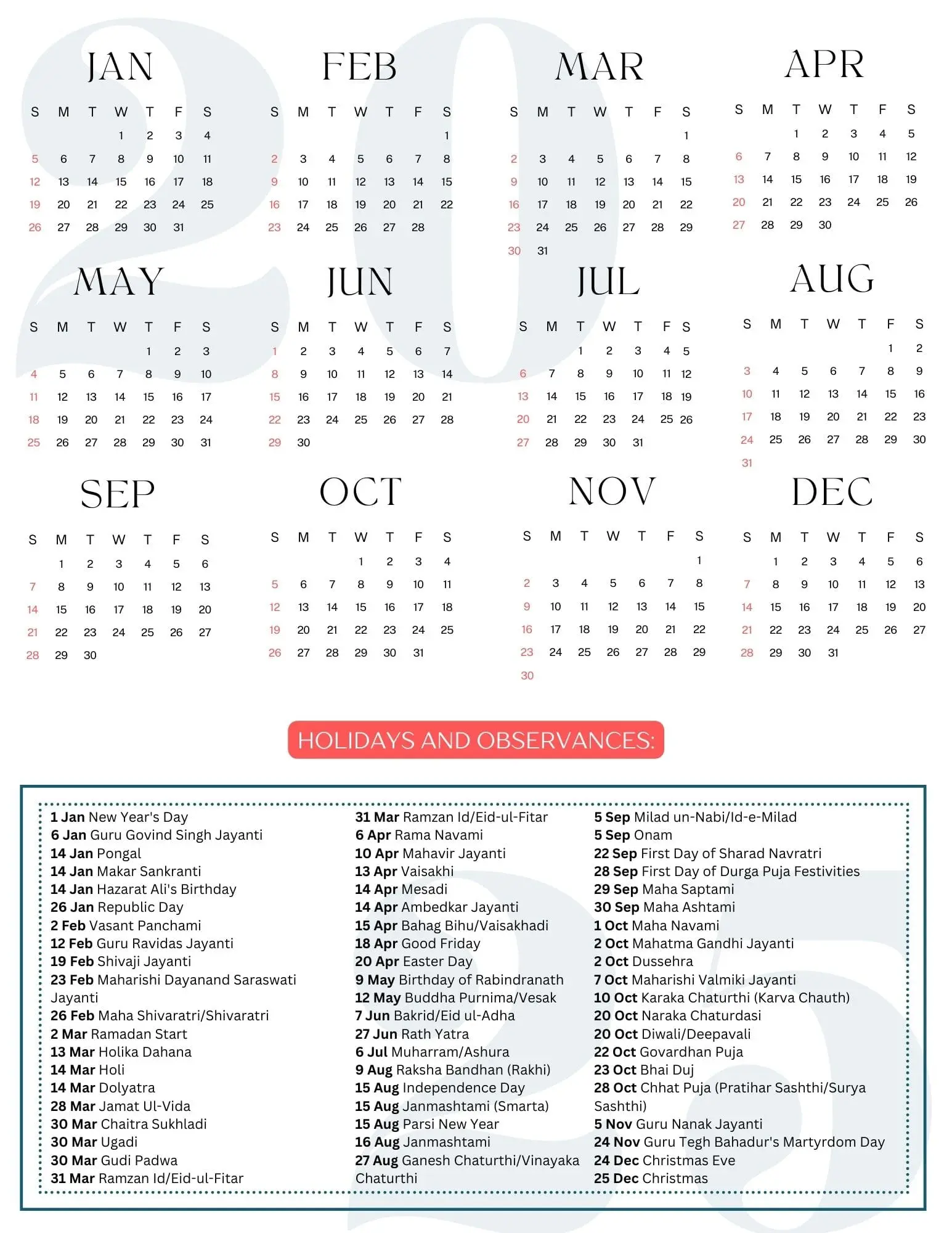 2025 Calendar India With Holidays- Portrait